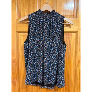 Rebecca Taylor Silk Floral Sleeveless Top Smocked Neck Blouse Black Size 6